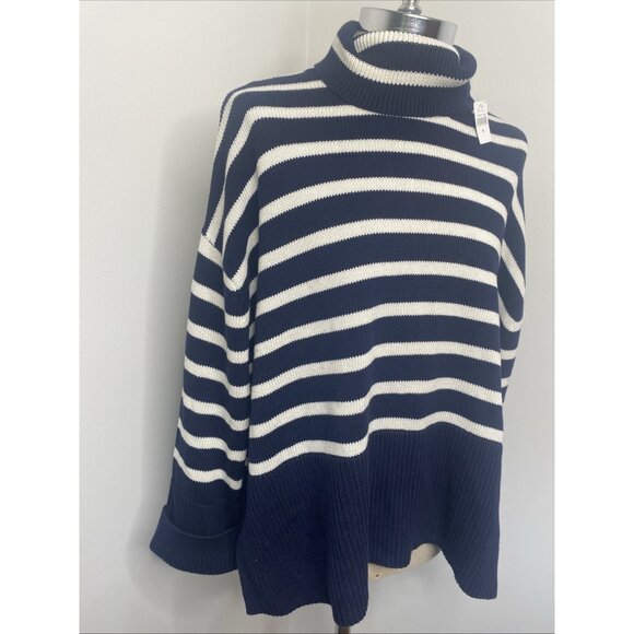 GAP Split Hem Turtleneck Sweater XL Navy Blue White Stripe Cotton Oversized NEW - Picture 5 of 9